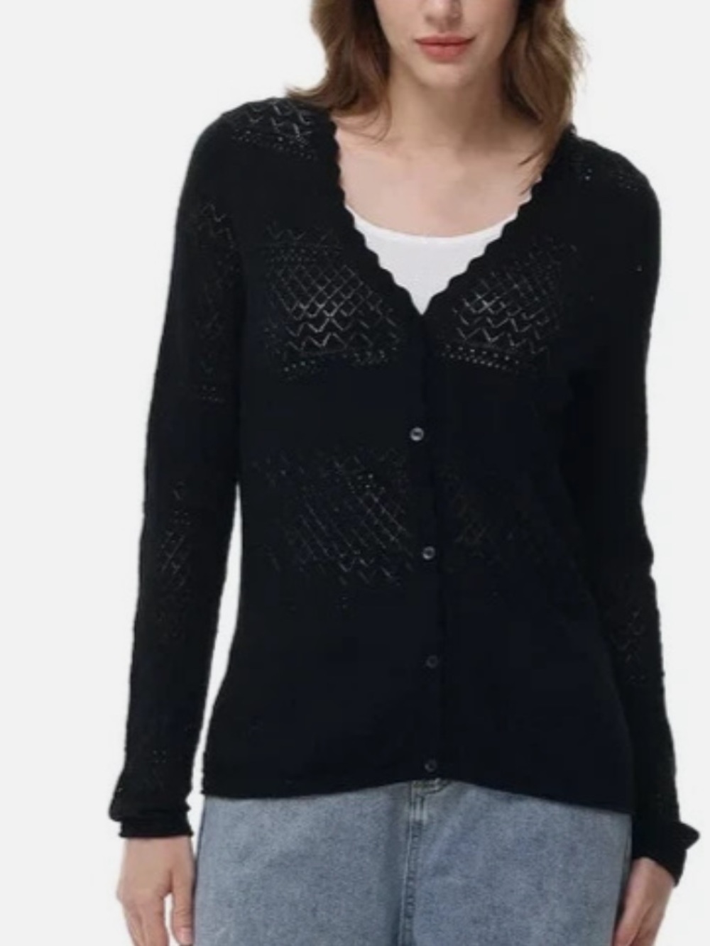Frye Black V-Neck Button Front Open-Knit Pointelle Cardigan
